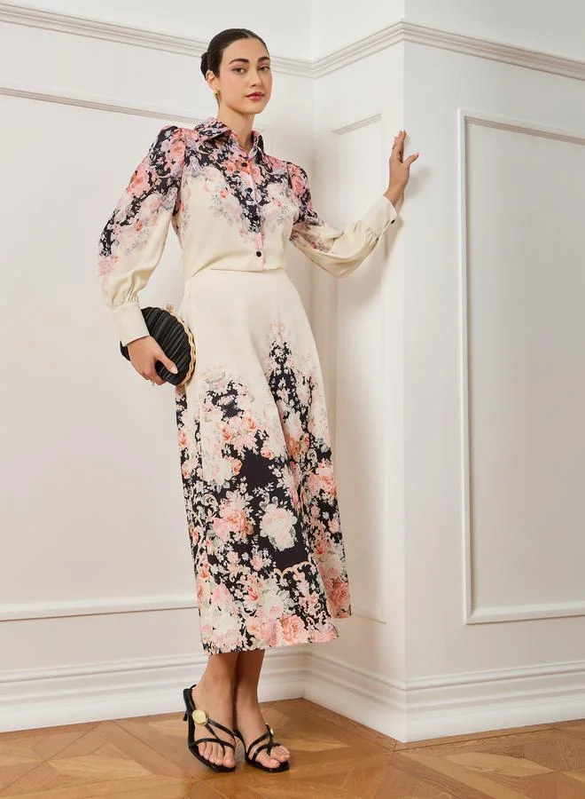 Styli Women Off-White Floral Print Midi Skirt