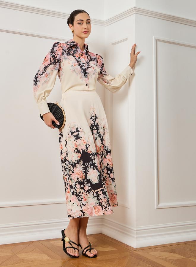 Styli Women Off-White Floral Print Midi Skirt - Image 1