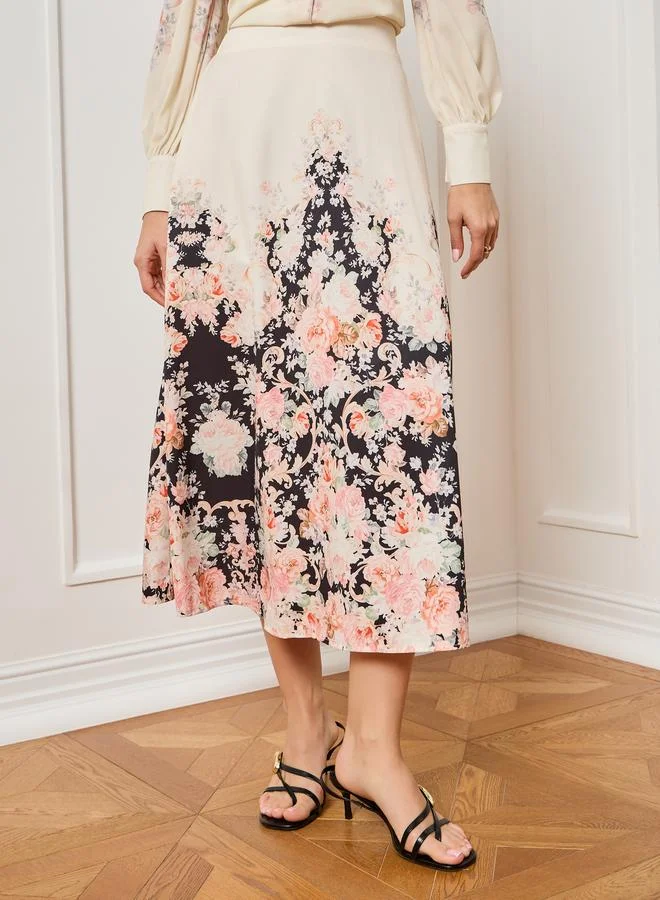 Styli Women Off-White Floral Print Midi Skirt
