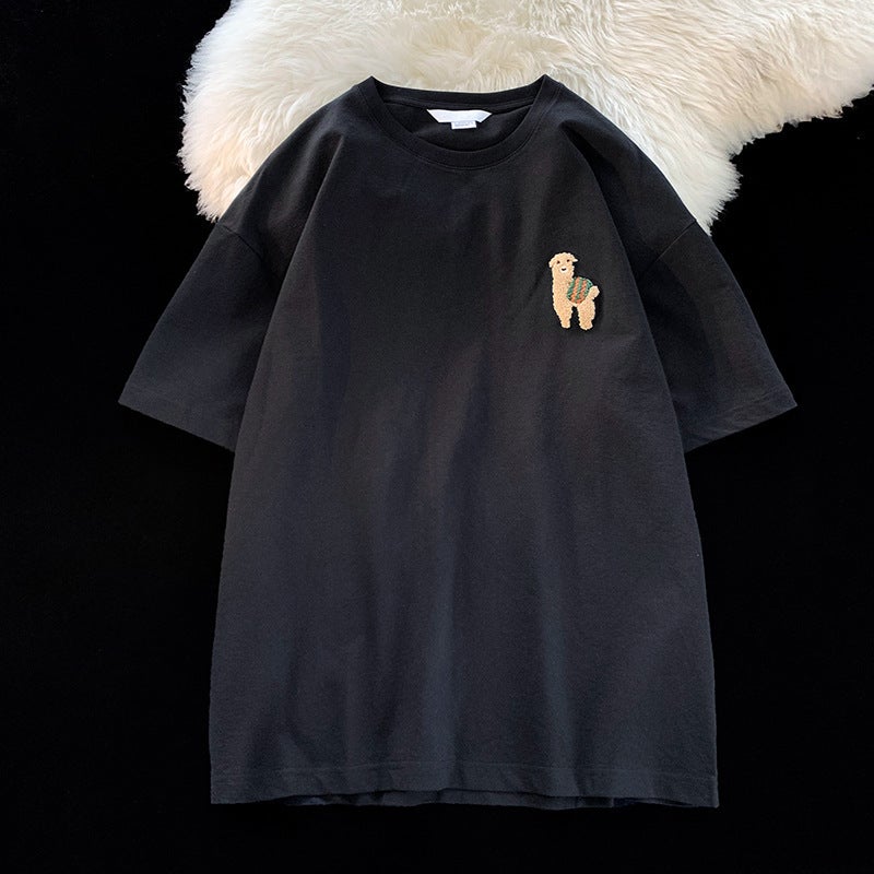 Trendy Brand Short-Sleeved T-Shirt Men'S Summer Simple Niche Flocking Print Half-Sleeved Hong Kong Style Ins Casual Loose Couple T-Shirt - Image 1