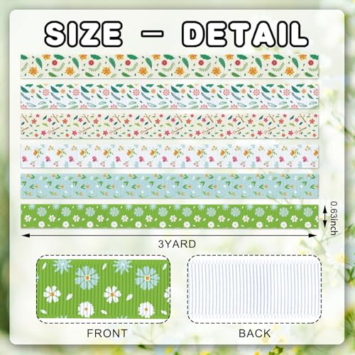 YKW Spring Grosgrain Ribbon, 6 Pack (5/8 Inch x 3 Yards Each), Floral Bird Ribbon, Garden Theme Craft Ribbons for Gift Wrapping Wedding Party Home Decoration DIY Projects - Image 2