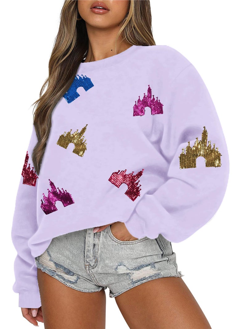 UNIQUEONE Oversized Bow Sweatshirt Womens Magic Kingdom Tee Shirt Colorful Pastel Bows Graphic Sweatshirts Holiday Pullover Purple - Image 1