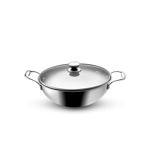 VAYA Hautechef Triply Stainless Steel Kadai with Glass Lid, 22cm, 2.0L, Induction & Gastop Compatible, Heavy-Bottom Kadhai for Deep Frying & Cooking, 100% Pure & Toxin-Free - Image 1