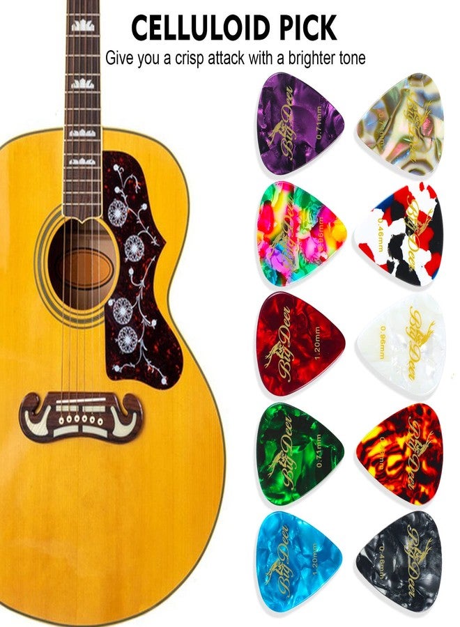 BigDeer 30 Pack Bright celluloid guitar picks, including 0.46mm, 0.71mm, 0.96mm and 1.2mm picks for acoustic guitars, ukulele, bass in tin case,comes with two guitar pick holders - Image 4
