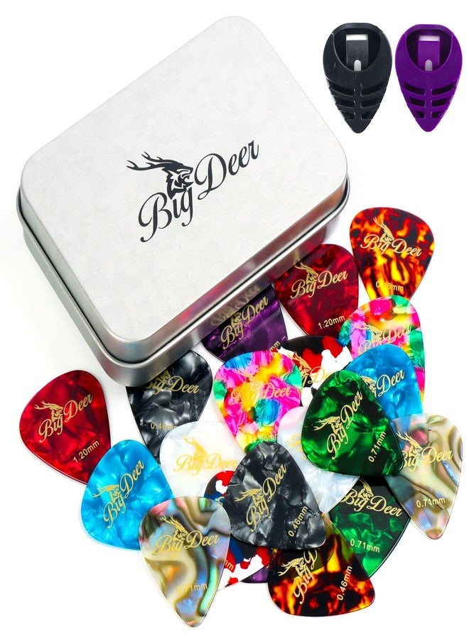 BigDeer 30 Pack Bright celluloid guitar picks, including 0.46mm, 0.71mm, 0.96mm and 1.2mm picks for acoustic guitars, ukulele, bass in tin case,comes with two guitar pick holders - Image 1