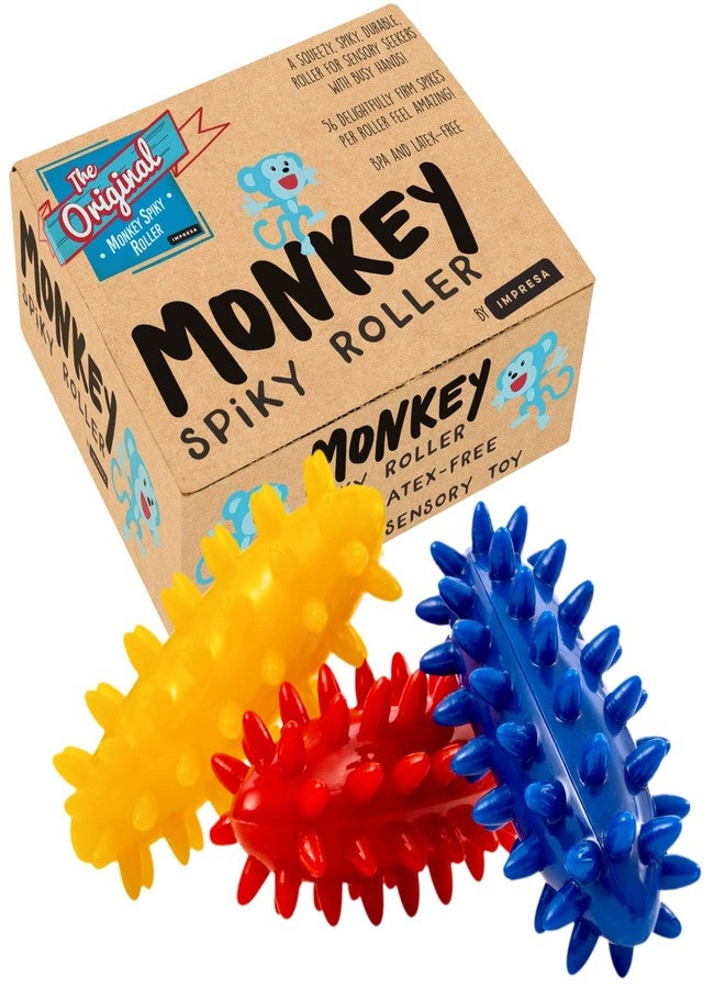 IMPRESA Spiky Sensory Roller - Multicolor 3-Pack, 3 in L x 1.4 in Dia Tactile Sensory Brush Roller for Kids - Stress Relief & Focus - Animal-Themed Monkey Spiky Fidget - Image 1