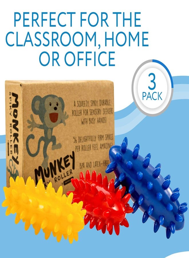 IMPRESA Spiky Sensory Roller - Multicolor 3-Pack, 3 in L x 1.4 in Dia Tactile Sensory Brush Roller for Kids - Stress Relief & Focus - Animal-Themed Monkey Spiky Fidget - Image 4