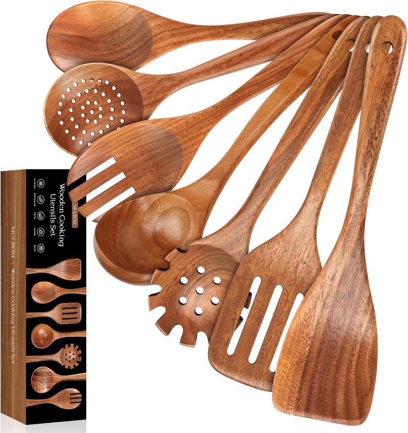 MULBOM 7 PCS Wooden Spoons for Cooking Natural Teak Kitchen Utensils Smooth Non-Stick Surface Cooking Utensils Set Soft Comfort-Grip Wooden Utensils for Cooking - Image 1