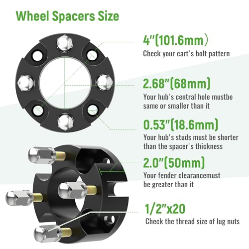 10L0L 2 Inch Golf Cart Wheel Spacers Kit with Lug Nuts Fits for Yamaha Club Car EZGO ATV, 4X4(101.6mm) Bolt Pattern, 2.68''(68mm) Hub Bore, 1/2-20 Studs (4 Pack),Black - Image 3