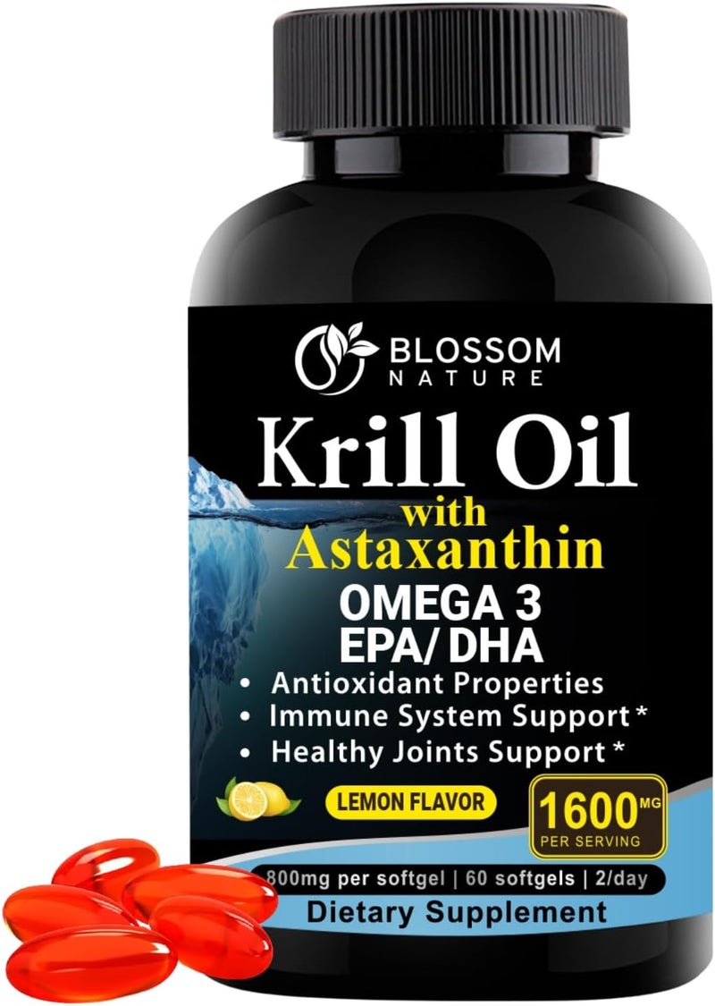 Blossom Nature Antarctic Krill Oil Softgels1600mg per Serving with 2mg Astaxanthin High Omega3 174mg EPA  120mg DHA in Phospholipid FormSupports Joint Heart Skin  Brain Health60 LemonFlavored Softgels - Image 1