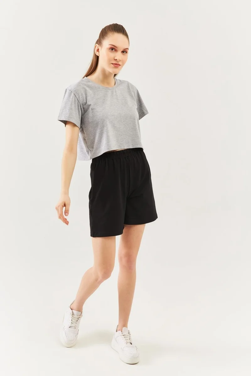 Butikgiz Gray Oversize Comfortable Cotton Combed Crew Neck Short Sleeve Basic Crop T-Shirt