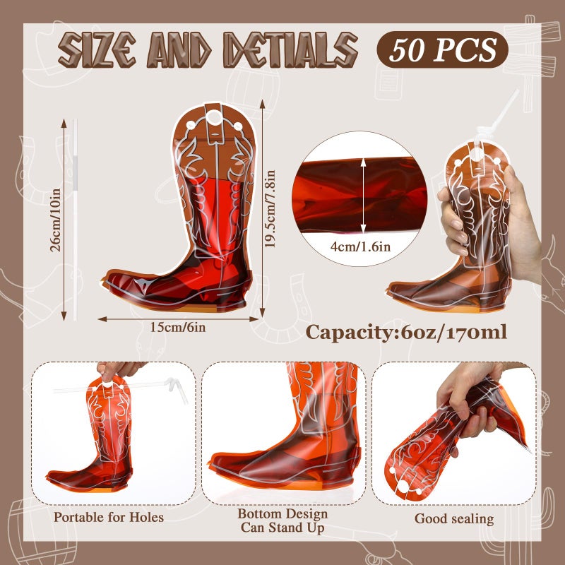 Jingmore 50 Set Cowboy Boot Drink Pouches with Straws Cowgirl Boot Zipper Smoothie Pouches Heavy Duty Reclosable Bag for Western Themed Rodeo Supplies Valentine's Day Party (6oz,Brown) - Image 3