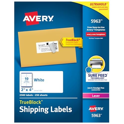 Avery Printable Shipping Labels with Sure Feed, 2" x 4" Customizable Stickers, White, 2,500 Blank Mailing Labels, Great for Mailing, Shipping, and More (5963) - Image 1