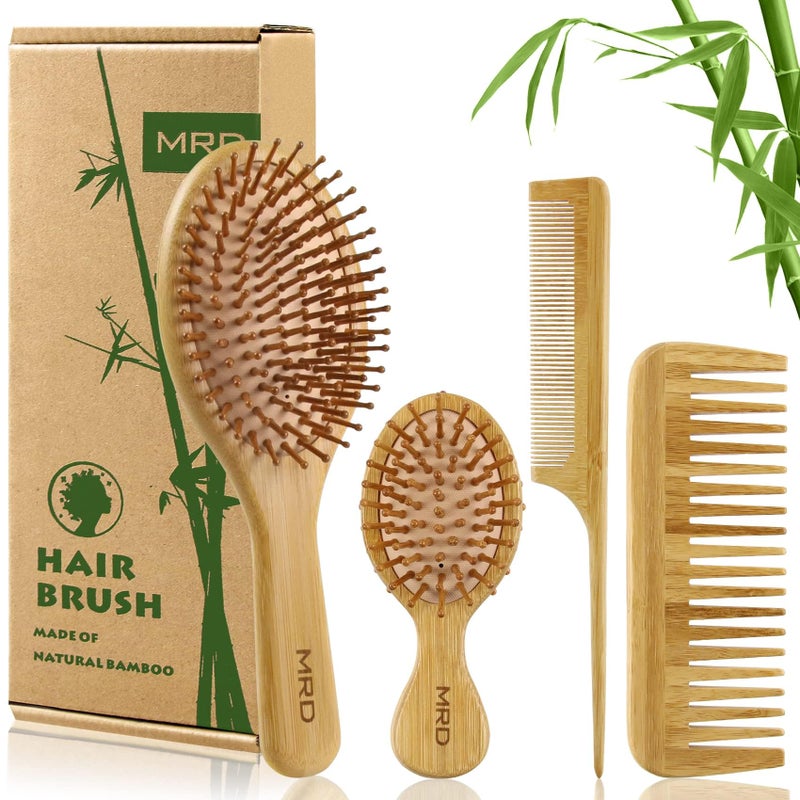 MRD Hair Brush Set, Natural Bamboo Comb Paddle Detangling Hairbrush, Wide-tooth and tail comb No Bristle, suit for Women Men and Kids Thick/Thin/Curly/Dry Hair Gift kit - Image 1