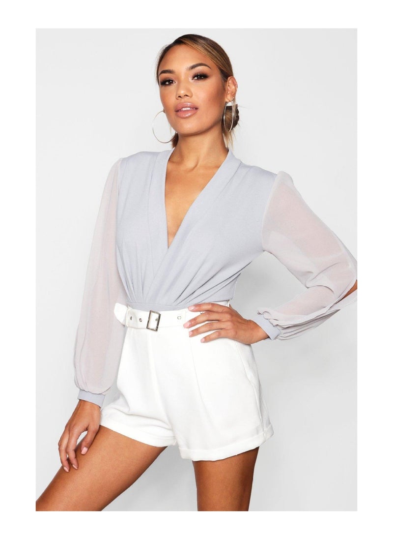 boohoo - Wrap Chiffon Sleeve Bodysuit - Image 1