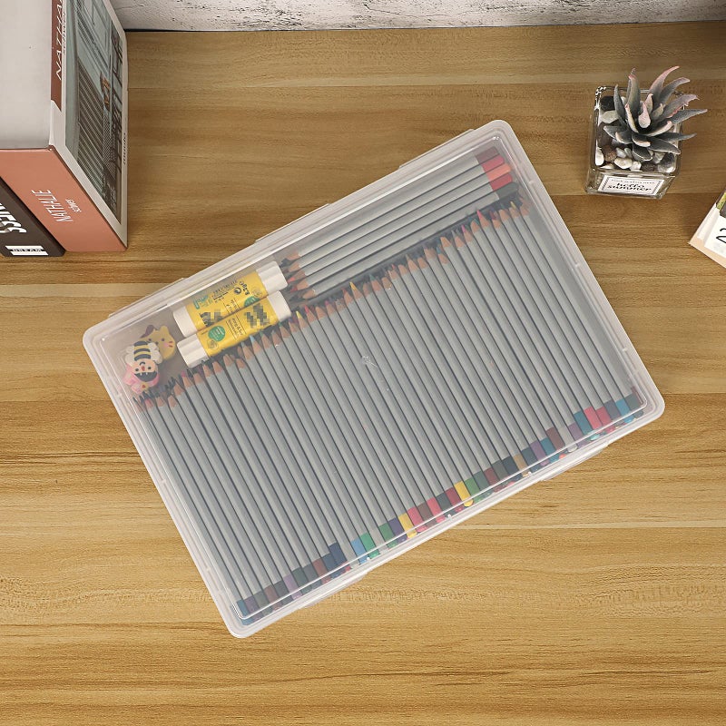 BTSKY Clear Plastic Storage Box with Flap Lid, Multipurpose Craft Organizers and Storage Box Art Supply Storage Organizer Plastic Sewing Box for Pencils Markers Notebooks A4 Files, 2 Pack Large - Image 3
