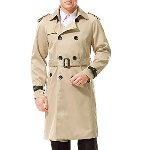 AOWOFS Men's Double Breasted Trench Coat Stylish Slim Fit Mid Long Belted Windbreaker - Image 1
