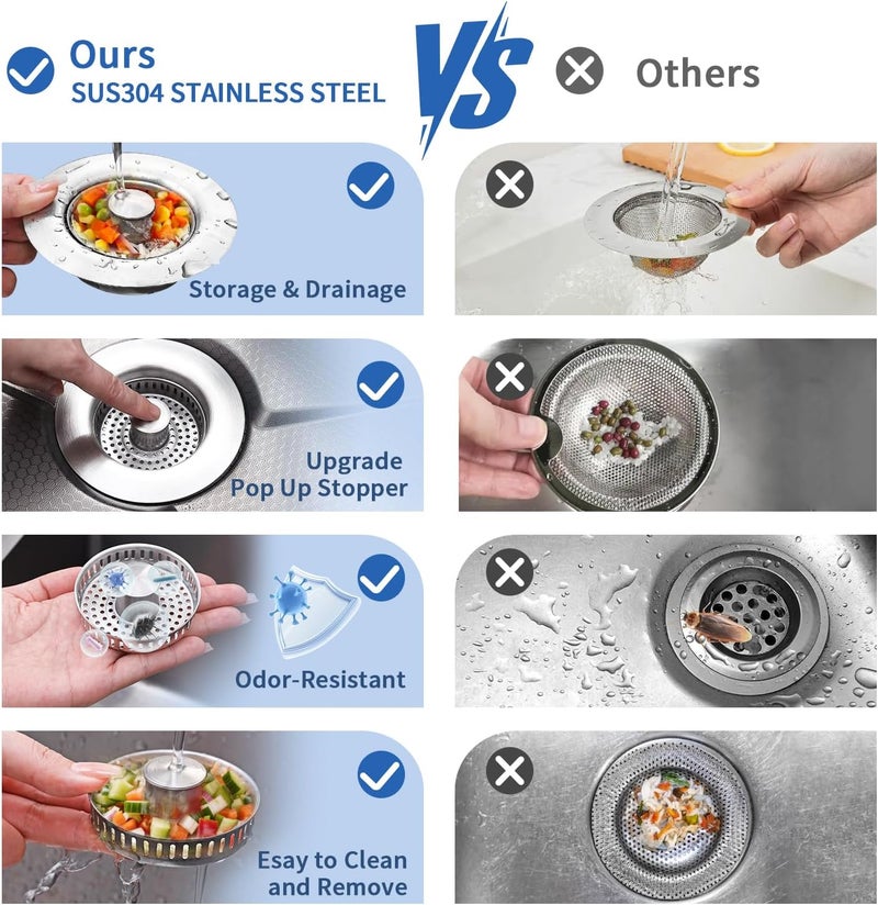 WERMARS 3-in-1 Kitchen Sink Drain Strainer & Sink Stopper 2 Pack - 304 Stainless Steel Sink Drain Strainer, Pop-Up Anti-Clog Design, Fits Standard 3-1/2'' Sink Drains - Image 4
