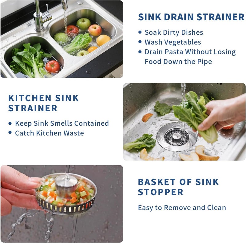 WERMARS 3-in-1 Kitchen Sink Drain Strainer & Sink Stopper 2 Pack - 304 Stainless Steel Sink Drain Strainer, Pop-Up Anti-Clog Design, Fits Standard 3-1/2'' Sink Drains - Image 5