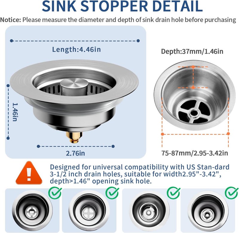 WERMARS 3-in-1 Kitchen Sink Drain Strainer & Sink Stopper 2 Pack - 304 Stainless Steel Sink Drain Strainer, Pop-Up Anti-Clog Design, Fits Standard 3-1/2'' Sink Drains - Image 3