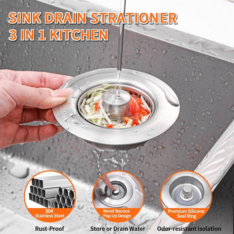 WERMARS 3-in-1 Kitchen Sink Drain Strainer & Sink Stopper 2 Pack - 304 Stainless Steel Sink Drain Strainer, Pop-Up Anti-Clog Design, Fits Standard 3-1/2'' Sink Drains - Image 2