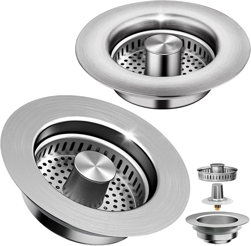 WERMARS 3-in-1 Kitchen Sink Drain Strainer & Sink Stopper 2 Pack - 304 Stainless Steel Sink Drain Strainer, Pop-Up Anti-Clog Design, Fits Standard 3-1/2'' Sink Drains - Image 1