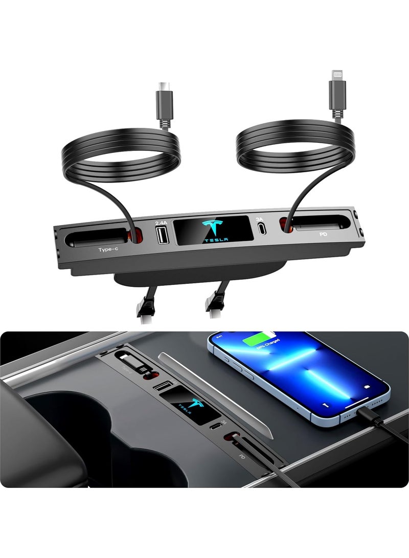 Car USB Charger Multi Port for 2021 2022 2023 Tesla Model 3/Y,Multifunctional Accessories with Logo and Retractable Cable,Tesla hub 100% Fit Center Console Adapter,Gifts Owners, black (T10)  - Image 1