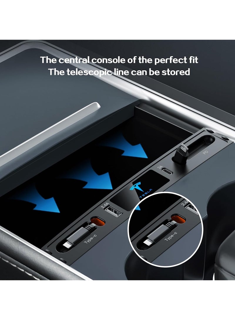 Car USB Charger Multi Port for 2021 2022 2023 Tesla Model 3/Y,Multifunctional Accessories with Logo and Retractable Cable,Tesla hub 100% Fit Center Console Adapter,Gifts Owners, black (T10)  - Image 3