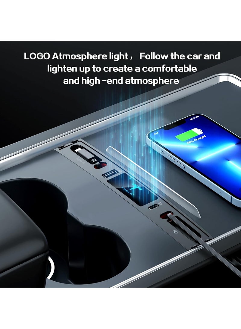 Car USB Charger Multi Port for 2021 2022 2023 Tesla Model 3/Y,Multifunctional Accessories with Logo and Retractable Cable,Tesla hub 100% Fit Center Console Adapter,Gifts Owners, black (T10)  - Image 4