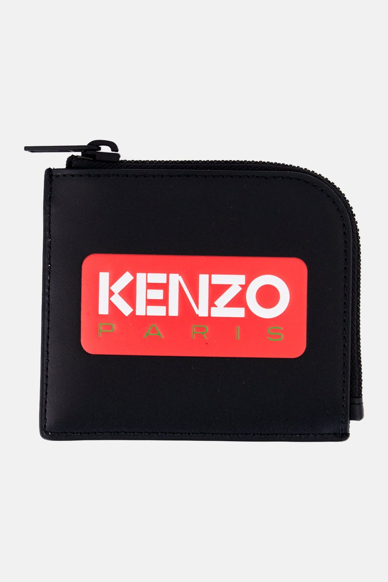 Kenzo محفظة صغيرة بسحاب جلدية للرجال بشعار العلامة التجارية، سوداء - Image 1