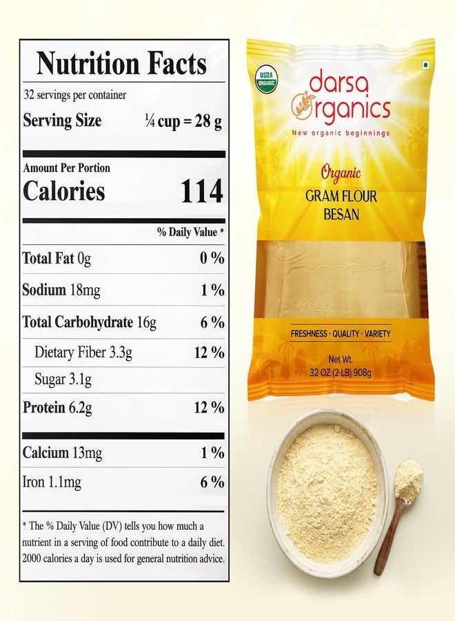 Darsa Organics Gram Flour - 2 lb Besan, Premium Grade USDA Organic Certified Chickpea Flour for Baking, Cooking & Skin Care, Chemical Free, Non-GMO, Vegan, Kosher, Ideal for Gluten Free Diets & Face Masks - Image 2