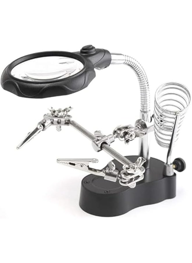 Led Light Magnifier & Desk Lamp 3.5X,12X Helping Hand Repair Clamp Alligator Auxiliary Clip Stand Desktop Magnifying Glasses