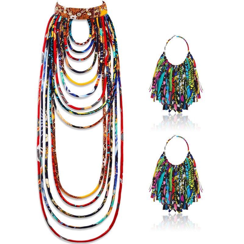 Bonuci 2 Pcs African Style Ankara Fabric Necklace African Fabric Tassel Earrings Set Long Multi Strand Ankara Kente Necklace Handmade Ankara Fringe Hoop Earrings for Women Jewelry Costume - Image 1