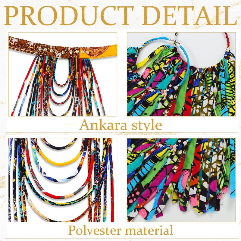 Bonuci 2 Pcs African Style Ankara Fabric Necklace African Fabric Tassel Earrings Set Long Multi Strand Ankara Kente Necklace Handmade Ankara Fringe Hoop Earrings for Women Jewelry Costume - Image 3