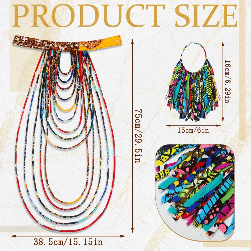 Bonuci 2 Pcs African Style Ankara Fabric Necklace African Fabric Tassel Earrings Set Long Multi Strand Ankara Kente Necklace Handmade Ankara Fringe Hoop Earrings for Women Jewelry Costume - Image 2