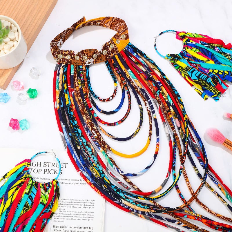 Bonuci 2 Pcs African Style Ankara Fabric Necklace African Fabric Tassel Earrings Set Long Multi Strand Ankara Kente Necklace Handmade Ankara Fringe Hoop Earrings for Women Jewelry Costume - Image 4