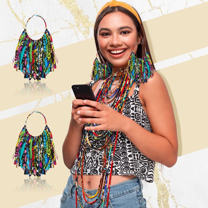 Bonuci 2 Pcs African Style Ankara Fabric Necklace African Fabric Tassel Earrings Set Long Multi Strand Ankara Kente Necklace Handmade Ankara Fringe Hoop Earrings for Women Jewelry Costume - Image 5