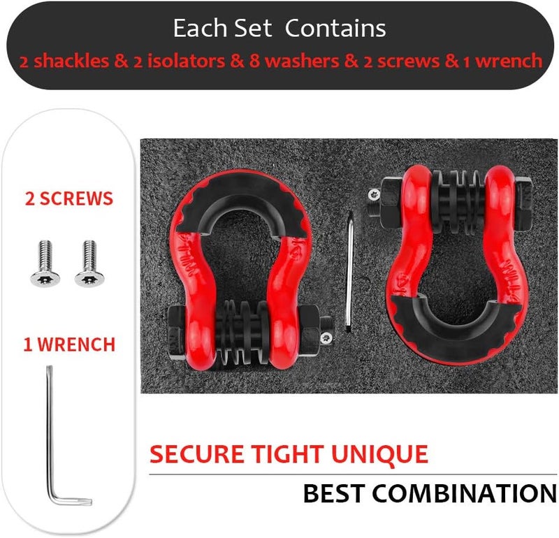 AMBULL Shackles 3/4" D Ring Shackle (2 Pack) 45,000lb Break Strength with 7/8" Pin, Anti Theft Security Screws, Isolator & Washer Kits for Use with Tow Strap Winch Truck Vehicle Recovery, Red - Image 4