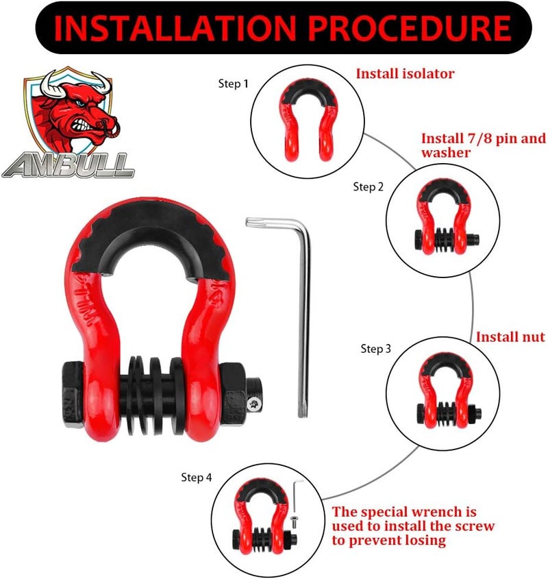 AMBULL Shackles 3/4" D Ring Shackle (2 Pack) 45,000lb Break Strength with 7/8" Pin, Anti Theft Security Screws, Isolator & Washer Kits for Use with Tow Strap Winch Truck Vehicle Recovery, Red - Image 5