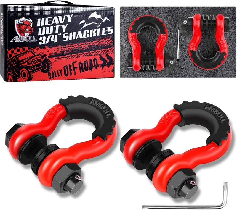 AMBULL Shackles 3/4" D Ring Shackle (2 Pack) 45,000lb Break Strength with 7/8" Pin, Anti Theft Security Screws, Isolator & Washer Kits for Use with Tow Strap Winch Truck Vehicle Recovery, Red - Image 1