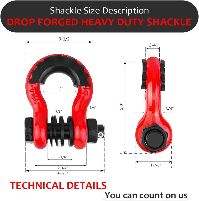 AMBULL Shackles 3/4" D Ring Shackle (2 Pack) 45,000lb Break Strength with 7/8" Pin, Anti Theft Security Screws, Isolator & Washer Kits for Use with Tow Strap Winch Truck Vehicle Recovery, Red - Image 3