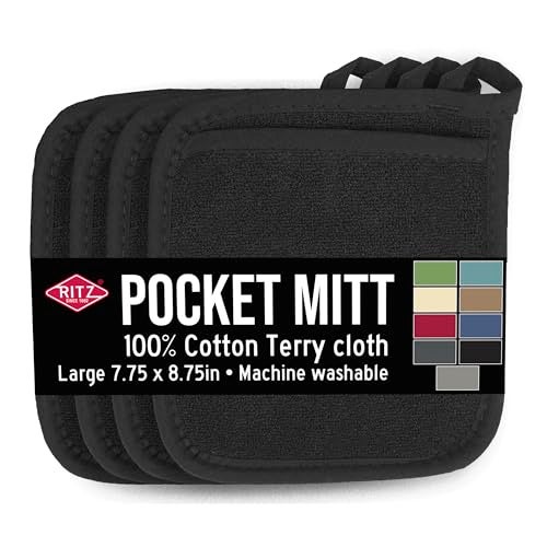 RITZ Terry Pocket Mitt & Hot Pad: Unparalleled Heat Resistant, Durable 100% Cotton – Ergonomically Designed for Optimal Grip – Easy-Care Machine Washable – 4-Pack, Black - Image 1