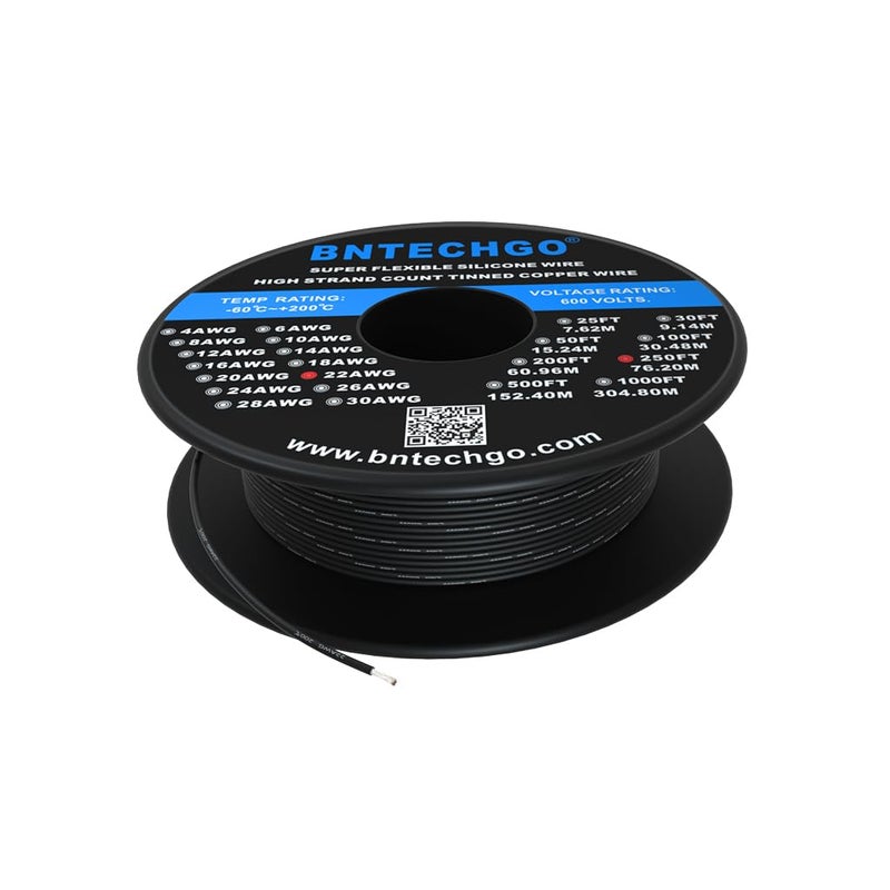 BNTECHGO 22 Gauge Silicone Wire Spool 250 ft Black Flexible 22 AWG Stranded Tinned Copper Wire - Image 1