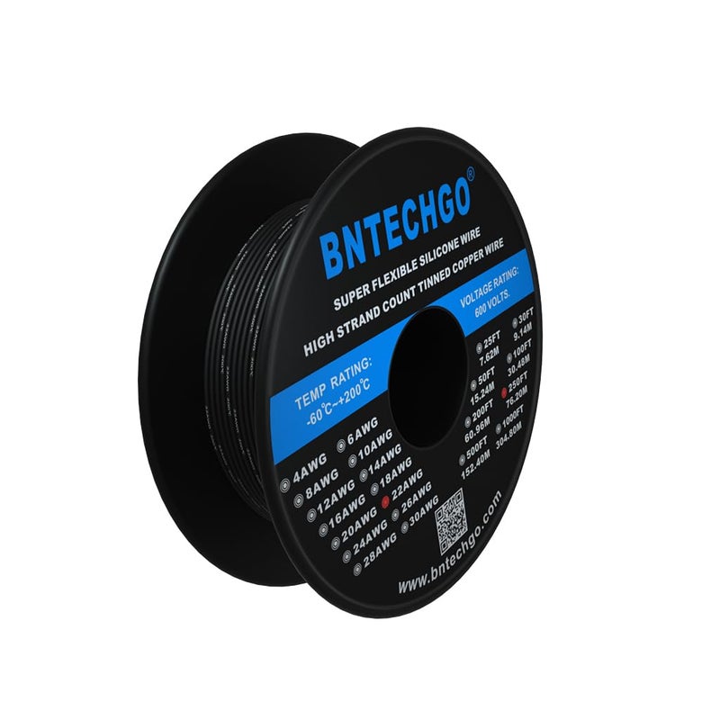 BNTECHGO 22 Gauge Silicone Wire Spool 250 ft Black Flexible 22 AWG Stranded Tinned Copper Wire - Image 2