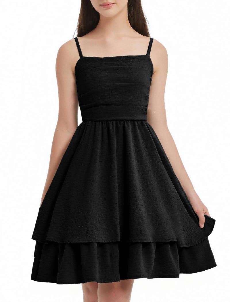 EXARUS Girls Dress Black Teen Easter Church Formal Back to School Homecoming Dance Casual Tween Swing Ruched Flowy Ruffle Summer Spaghetti Strap Adjustable Outfits Dresses Cami for 12 Years - Image 2