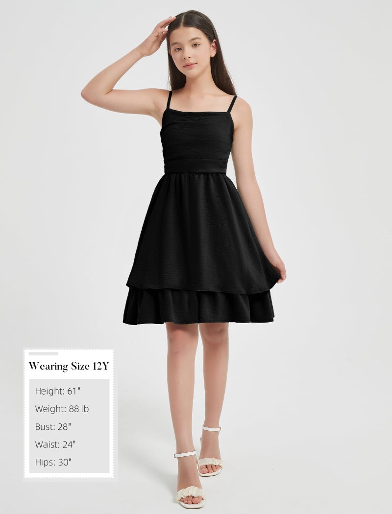 EXARUS Girls Dress Black Teen Easter Church Formal Back to School Homecoming Dance Casual Tween Swing Ruched Flowy Ruffle Summer Spaghetti Strap Adjustable Outfits Dresses Cami for 12 Years - Image 5