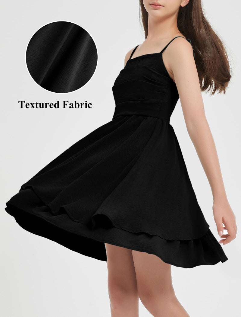 EXARUS Girls Dress Black Teen Easter Church Formal Back to School Homecoming Dance Casual Tween Swing Ruched Flowy Ruffle Summer Spaghetti Strap Adjustable Outfits Dresses Cami for 12 Years - Image 3
