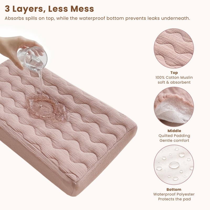 Konssy Waterproof Muslin Changing Pad Cover 2 Pack, 100% Cotton Quilted Diaper Changing Table Sheets, Soft Breathable Boho Nursery Bedding for Baby, Silent & Absorbent Standard Fit (Taupe,Cream) - Image 3