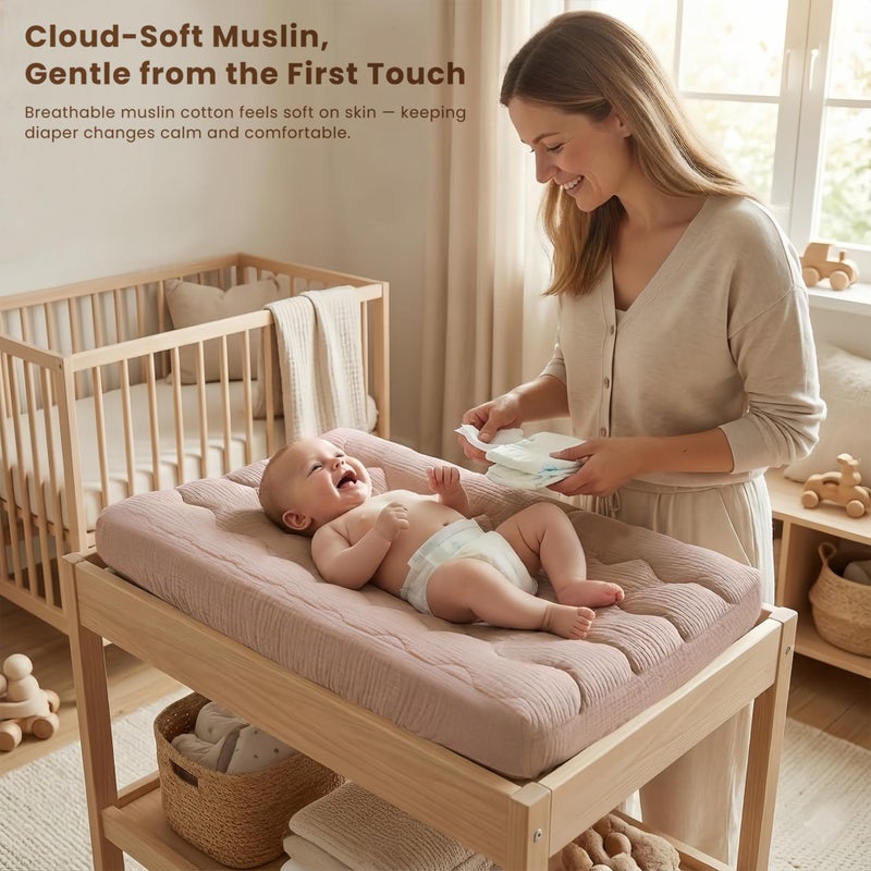 Konssy Waterproof Muslin Changing Pad Cover 2 Pack, 100% Cotton Quilted Diaper Changing Table Sheets, Soft Breathable Boho Nursery Bedding for Baby, Silent & Absorbent Standard Fit (Taupe,Cream) - Image 2
