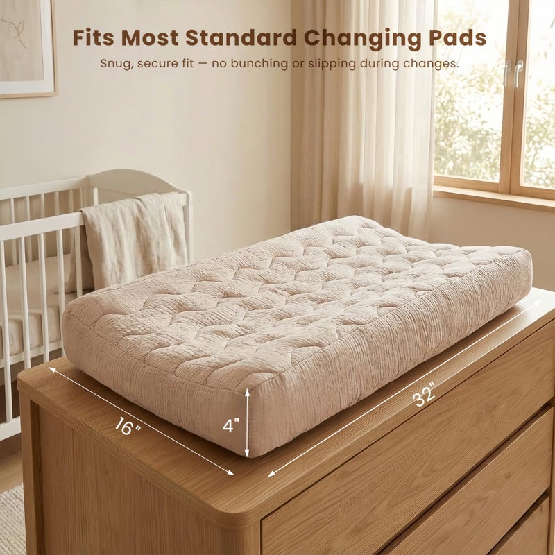 Konssy Waterproof Muslin Changing Pad Cover 2 Pack, 100% Cotton Quilted Diaper Changing Table Sheets, Soft Breathable Boho Nursery Bedding for Baby, Silent & Absorbent Standard Fit (Taupe,Cream) - Image 4